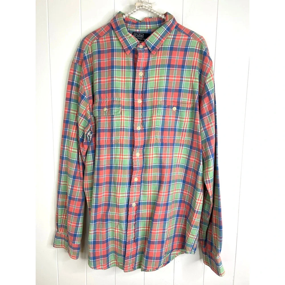 Polo Ralph Lauren Flannel‎ Men's XL Work Shirt Plaid 100% Cotton Button Up